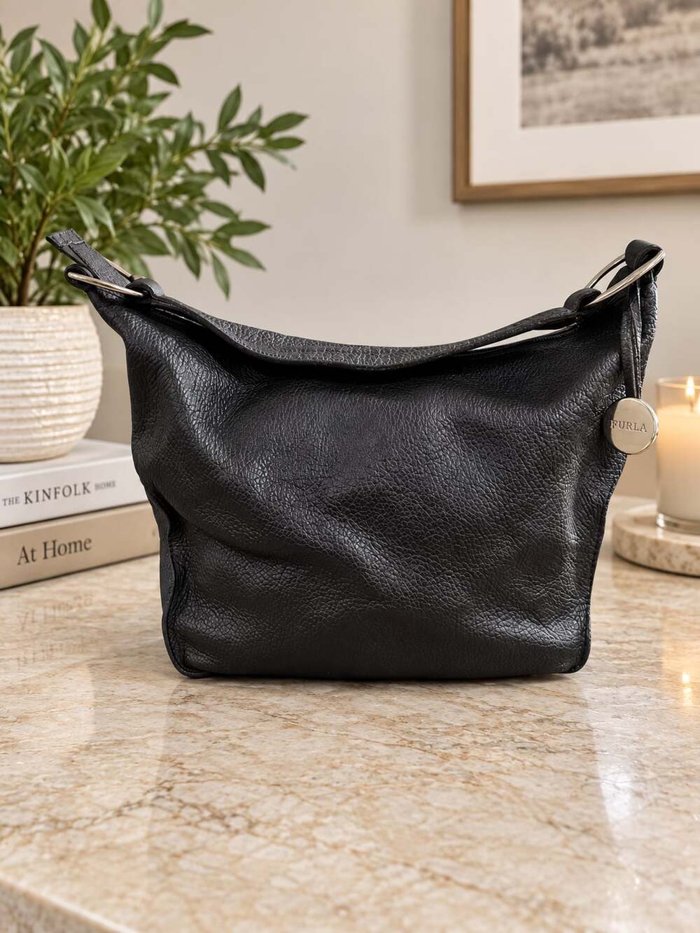 Furla Black Pebble Genuine Leather Hobo Shoulder Bag Slouchy Y2K Silver Hardware